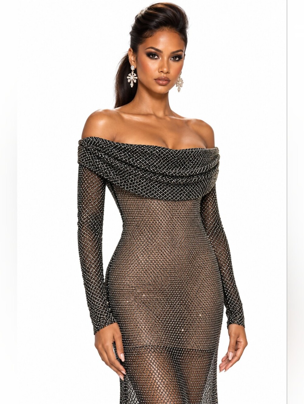 NWT Self-Portrait US 12 Crystal Embellished Sheer Off Shoulder Maxi Gown $1811